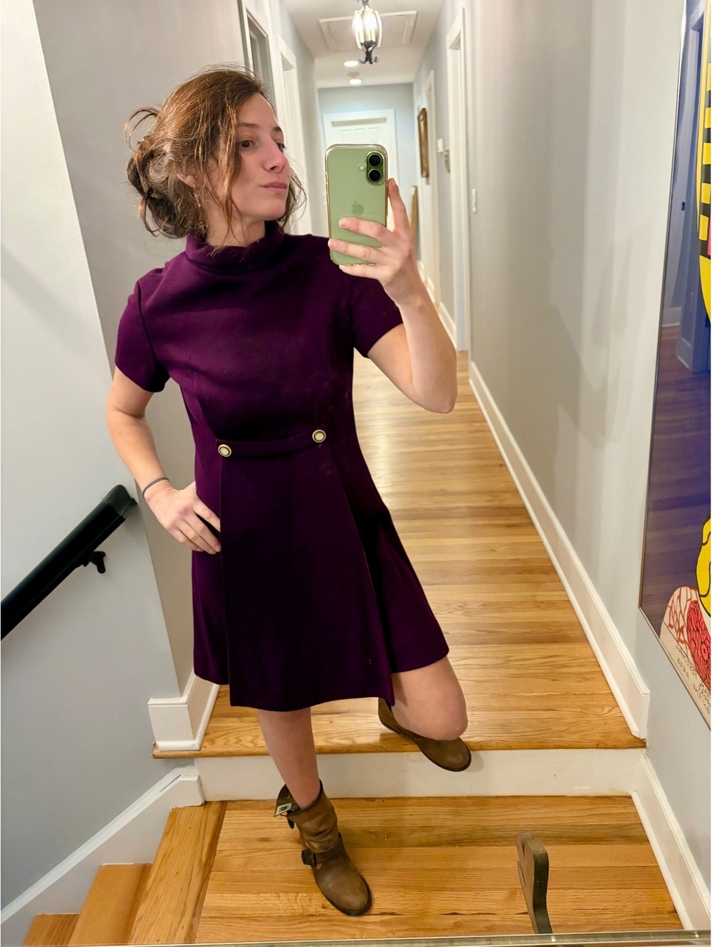 Vintage 1960s Purple Mod Mini Dress A-Line Mock Neck Go Go Style